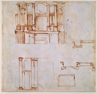 Studies for a monumental wall tomb (recto) by Michelangelo Buonarroti